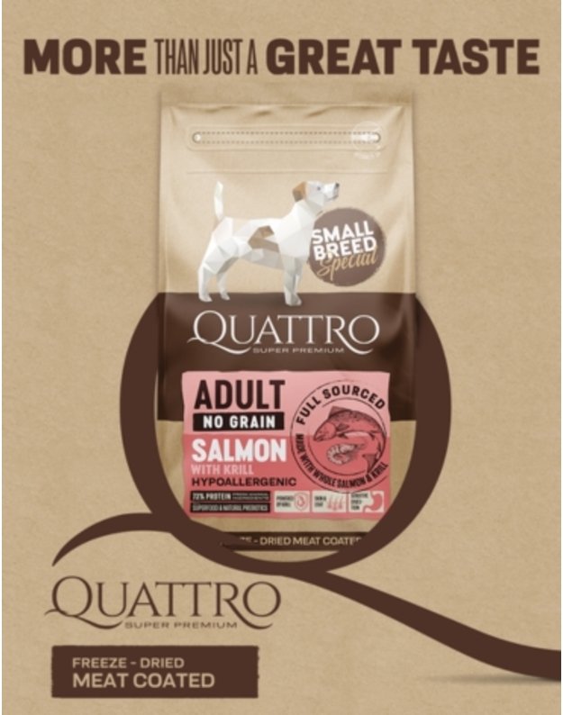 Quattro  7 kg small breed adult sausas begrūdis hipoalerginis maistas su lašiša ir kriliu 