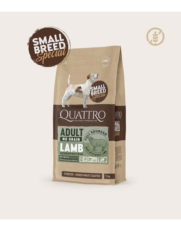 Quattro 1.5 kg. small breed adult sausas begrūdis maistas su ėriena