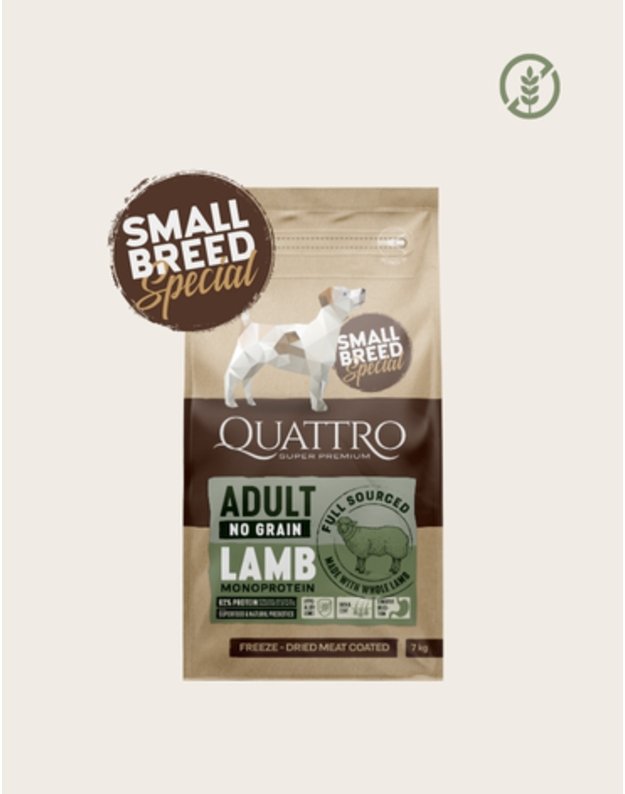 QUATTRO SMALL BREED ADULT SAUSAS BEGRŪDIS MAISTAS SU ĖRIENA 7 KG