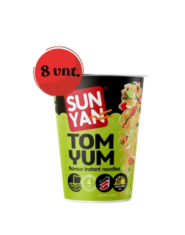 8 vnt. Greitai paruošiamų makaronų SUN YAN TOM YUM skonio po 65g.