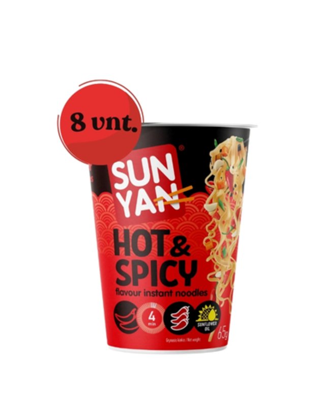 8 vnt. Greitai paruošiamų makaronų SUN YAN aštraus skonio „Hot&Spicy“ po 65g.